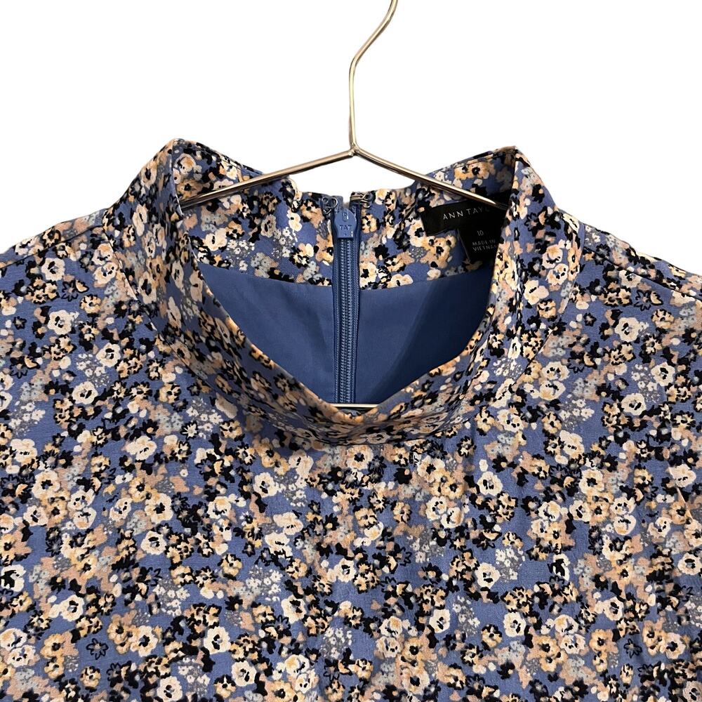 Ann Taylor Womens Blue Floral Mock Neck Knee Length Dress, Viscose, 10 - Picture 6 of 9